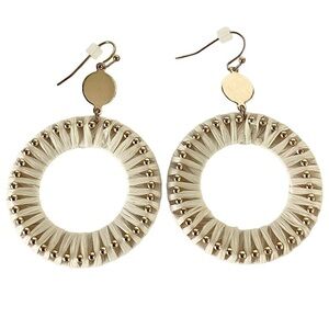 Circular White Embroidred Thread Gold Beaded Earrings Fishhook Pierced Ears New!